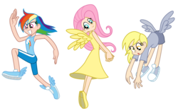 Size: 2500x1567 | Tagged: safe, artist:trinityinyang, derpy hooves, fluttershy, rainbow dash, human, g4, butt wings, clothes, converse, dress, humanized, simple background, tank top, transparent background, vector, winged humanization, winged shoes