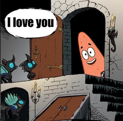 Size: 749x741 | Tagged: safe, idw, changeling, g4, chocolate with nuts, exploitable meme, i love you, knock knock meme, love, male, patrick star, spongebob squarepants