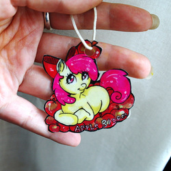 Size: 500x500 | Tagged: safe, artist:donenaya, apple bloom, earth pony, pony, g4, badge, con badge, female, filly, fingernails, get, hand, index get, irl, jewelry, lying down, photo, prone, ring