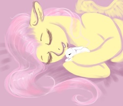 Size: 595x511 | Tagged: safe, artist:donenaya, fluttershy, pegasus, pony, rabbit, g4, animal, bust, duo, eyes closed, female, floppy ears, holding, hoof hold, lying down, mare, on side, wings