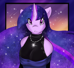 Size: 1080x1000 | Tagged: safe, artist:azure-doodle, twilight sparkle, anthro, g4, clothes, ethereal mane, female, long mane, looking at you, solo, wingding eyes