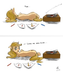 Size: 2342x2679 | Tagged: safe, artist:ellybethe, oc, oc only, pony, unicorn, crayon, gramophone, paper, record, record player