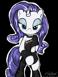 Size: 900x1200 | Tagged: safe, artist:flutterthrash, rarity, pony, unicorn, semi-anthro, g4, arm hooves, bipedal, bracelet, female, heavy metal, lidded eyes, looking at you, metalhead, metallica, solo, spiked wristband, thrash metal