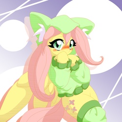 Size: 1000x1000 | Tagged: safe, artist:ragurimo, fluttershy, pegasus, pony, g4, bottomless, cat ears, clothes, cute, female, fluttercat, leg warmers, partial nudity, pixiv, shyabetes, solo, stupid sexy fluttershy, sweater, sweatershy