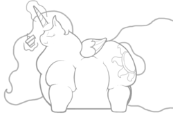 Size: 1014x691 | Tagged: safe, artist:queenfrau, princess celestia, alicorn, pony, g4, cake, chubbylestia, fat, female, huge belly, monochrome, morbidly obese, obese, solo