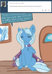 Size: 600x850 | Tagged: safe, artist:alinoravanity, trixie, pony, unicorn, g4, ask, cape, clothes, eyes closed, female, mare, question, sitting, solo, speech bubble, trixie's cape, tumblr