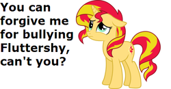 Size: 480x250 | Tagged: safe, fluttershy, sunset shimmer, pony, unicorn, g4, bronybait, bully, bullying, cute, female, sad, solo, text