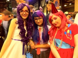 Size: 2592x1936 | Tagged: artist needed, safe, pinkie pie, rarity, twilight sparkle, human, g4, convention, cosplay, glasses, hat, irl, irl human, london mcm expo, mcm glasgow, necktie, party hat, photo