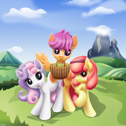 Size: 2400x2400 | Tagged: safe, artist:roadsleadme, apple bloom, scootaloo, sweetie belle, g4, apple, basket, cutie mark crusaders, food, mountain, scenery