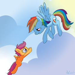 Size: 2100x2100 | Tagged: safe, artist:fapalot, rainbow dash, scootaloo, pegasus, pony, g4, cloud, cute, cutealoo, female, filly, flying, foal, mare, scootaloo can fly, signature, sky, spread wings, wings