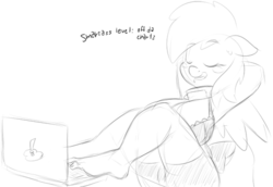 Size: 500x343 | Tagged: safe, artist:sweethd, oc, oc only, oc:honey dip, anthro, plantigrade anthro, anthro oc, barefoot, big breasts, bra, breasts, clothes, collar, feet, female, laptop computer, monochrome, shorts, solo, toes, typing, underwear