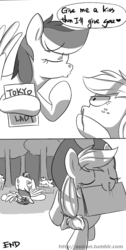 Size: 500x995 | Tagged: safe, artist:sion, applejack, rainbow dash, g4, apple, blood, comic, nosebleed