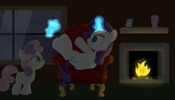 Size: 3500x2000 | Tagged: safe, artist:dtcx97, rarity, sweetie belle, g4, chair, dark, fire, fireplace, glass, magic, telekinesis