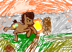 Size: 762x552 | Tagged: safe, artist:gallifreyanequine, doctor whooves, time turner, g4, city, jumping, male, ms paint, sepia tock, solo, sunset, wall