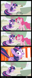 Size: 900x2170 | Tagged: safe, artist:dm29, pinkie pie, rarity, twilight sparkle, g4, airhorn, bangs, bench, book, comic, derp, dialogue, duo, floppy ears, frown, hair over eyes, smiling, spread wings, text, twilight sparkle (alicorn)