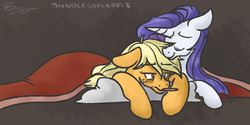 Size: 1000x500 | Tagged: safe, artist:thundershock0823, applejack, rarity, g4, blanket, female, lesbian, loose hair, ship:rarijack, shipping, sick, thermometer