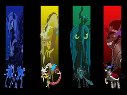 Size: 1600x1200 | Tagged: safe, artist:revlp670svr, discord, king sombra, nightmare moon, queen chrysalis, g4, antagonist, vector, wallpaper