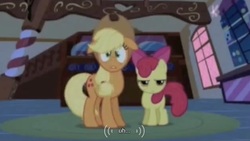 Size: 627x353 | Tagged: safe, screencap, apple bloom, applejack, bridle gossip, g4, meme, youtube caption