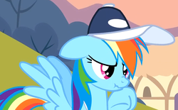 Size: 896x556 | Tagged: safe, screencap, rainbow dash, pegasus, pony, g4, hurricane fluttershy, cap, female, hat, scrunchy face, solo