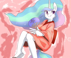 Size: 1280x1051 | Tagged: dead source, safe, artist:sion, princess celestia, anthro, plantigrade anthro, g4, clothes, female, flip-flops, kimono (clothing), sandals, solo