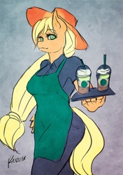 Size: 500x710 | Tagged: safe, artist:rayzor-sharp, applejack, earth pony, anthro, g4, 30 minute art challenge, apron, clothes, female, solo, starbucks, waitress, working