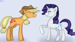 Size: 1024x582 | Tagged: safe, artist:theantsden, applejack, rarity, g4, female, lesbian, ship:rarijack, shipping