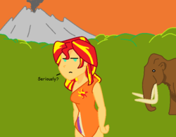 Size: 650x506 | Tagged: dead source, safe, artist:americanraptor, sunset shimmer, mammoth, woolly mammoth, equestria girls, g4, caveman, cavewoman, ms paint, prehistoric, unamused, volcano
