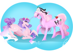 Size: 1243x905 | Tagged: safe, artist:opalacorn, oc, oc only, oc:galactica, oc:preciosa, pony, duo, floral head wreath, flower