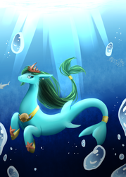 Size: 1000x1400 | Tagged: safe, artist:akureienomoto, oc, oc only, dolphin, fish, merpony, sea pony, starfish, g4, blue eyes, bubble, crepuscular rays, crown, cute, digital art, dorsal fin, female, fin, fins, fish tail, flowing mane, flowing tail, green mane, happy, hoof shoes, jewelry, lidded eyes, looking at you, mare, ocean, peytral, princess shoes, regalia, scales, seashell, smiling, smiling at you, solo, spikes, sunlight, swimming, tail, underwater, water