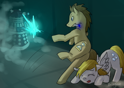 Size: 1013x716 | Tagged: safe, artist:brixyfire, derpy hooves, doctor whooves, time turner, pegasus, pony, g4, dalek, doctor who, female, mare