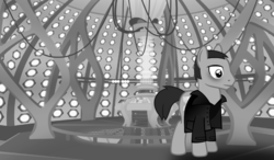 Size: 906x528 | Tagged: safe, doctor whooves, time turner, earth pony, pony, g4, crossover, doctor who, grayscale, jumper, male, monochrome, ninth doctor, peacoat, ponified, stallion, tardis, tardis console room, tardis control room