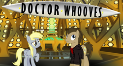 Size: 988x528 | Tagged: safe, derpy hooves, doctor whooves, time turner, earth pony, pegasus, pony, g4, crossover, doctor who, female, jumper, male, mare, peacoat, ponified, regeneration, stallion, tardis, tardis console room, tardis control room, tenth doctor, the doctor