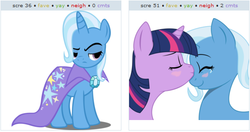 Size: 521x276 | Tagged: safe, trixie, twilight sparkle, g4, exploitable meme, female, juxtaposition, juxtaposition win, kissing, lesbian, meme, ship:twixie, shipping, unamused