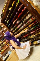 Size: 426x640 | Tagged: safe, artist:ani-mia, rarity, human, g4, clothes, cosplay, dress, irl, irl human, photo, sewing, shelf, solo, store