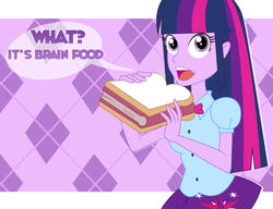 Size: 900x691 | Tagged: safe, artist:theroseprince, twilight sparkle, equestria girls, g4, bad pun, bibliovore, book, female, pun, sandwich, solo, you're doing it wrong