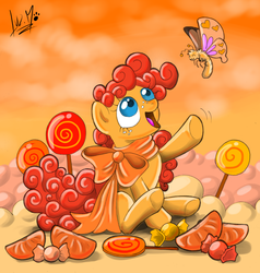Size: 850x891 | Tagged: safe, artist:chocolatechilla, oc, oc only, butterfly, earth pony, pony, candy, lollipop, orange, solo