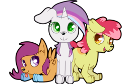 Size: 1500x1000 | Tagged: safe, artist:zoiby, apple bloom, scootaloo, sweetie belle, dog, g4, cutie mark crusaders, dogified, puppy bloom, species swap, tongue out