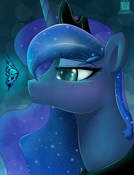 Size: 3333x4333 | Tagged: safe, artist:unnop64, princess luna, butterfly, g4, blue, female, glowing, smiling, solo