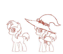 Size: 1400x1200 | Tagged: safe, artist:lemon, derpibooru exclusive, oc, oc only, pony, unicorn, cape, clothes, colt, foal, hat, lineart, looking at you, male, on side, saddle bag, solo, wizard, wizard hat