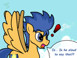 Size: 400x300 | Tagged: safe, flash sentry, pegasus, pony, ask flash sentry, g4, backwards cutie mark, exclamation point, grammar error, male, solo, stallion