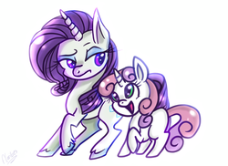 Size: 2727x1987 | Tagged: safe, artist:flarities, rarity, sweetie belle, g4, hooves, open mouth, raised hoof, simple background, unshorn fetlocks, white background