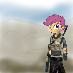 Size: 2000x2000 | Tagged: safe, artist:avengedplatypus, scootaloo, equestria girls, g4, female, gun, military, soldier, solo