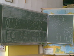 Size: 1024x768 | Tagged: dead source, safe, artist:lionxdagger, pinkie pie, earth pony, pony, g4, chalkboard, forever, irl, photo, school, solo