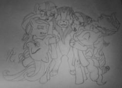 Size: 800x580 | Tagged: safe, applejack, fluttershy, pinkie pie, rainbow dash, rarity, twilight sparkle, oc, oc:soft paw, big cat, earth pony, lion, pegasus, pony, unicorn, g4, :3, :o, :p, :t, angry, bipedal, drawing, eyes closed, fangs, favorite, female, floppy ears, glare, gritted teeth, group hug, hug, liony, mare, monochrome, open mouth, smiling, struggling, tongue out, traditional art, wide eyes