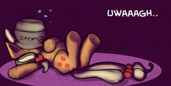 Size: 973x492 | Tagged: safe, artist:fauxsquared, applejack, trixie is magic, g4, cookie jar, female, on back, solo, underhoof