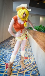 Size: 533x900 | Tagged: source needed, safe, artist:mollyisacatlady, applejack, human, g4, belly button, cosplay, front knot midriff, irl, irl human, midriff, photo, solo