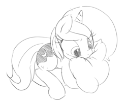 Size: 902x732 | Tagged: safe, artist:zev, princess luna, g4, cute, female, filly, grayscale, monochrome, pillow, solo, woona