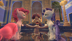 Size: 1280x720 | Tagged: safe, pinkie pie, rarity, sweetie belle, g4, 3d, female, gmod, hearst castle, lesbian, roman bath, ship:raripie, shipping, swimming