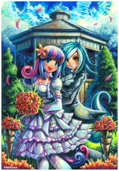 Size: 776x1113 | Tagged: safe, artist:emperpep, bon bon, lyra heartstrings, sweetie drops, human, g4, bouquet, clothes, cotton candy, duo, female, flower, gay marriage, gazebo, horn, horned humanization, humanized, lesbian, looking at you, open mouth, puffy sleeves, ship:lyrabon, shipping, smiling, tailed humanization, traditional art, watercolor painting, wedding