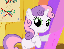 Size: 714x540 | Tagged: safe, screencap, sweetie belle, pony, unicorn, g4, season 1, the show stoppers, animated, bipedal, breaking the fourth wall, clubhouse, cropped, crusaders clubhouse, cute, diasweetes, female, filly, foal, looking at you, open mouth, open smile, smiling, solo, talking